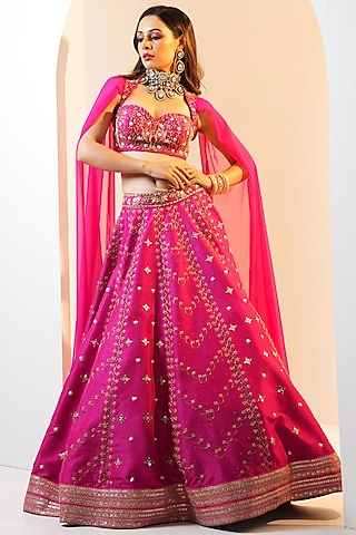 Hot Pink Silk Hand Embroidered Lehenga Set by Rashika Sharma