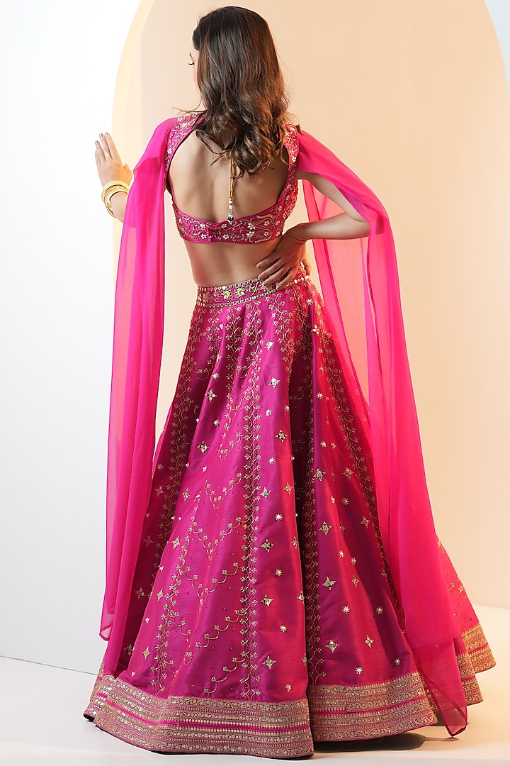 Hot Pink Silk Hand Embroidered Wedding Lehenga Set by Rashika Sharma at Pernia's Pop Up Shop