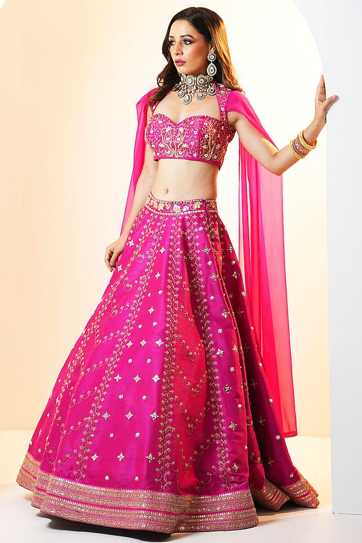 Hot Pink Silk Hand Embroidered Wedding Lehenga Set by Rashika Sharma at Pernia's Pop Up Shop