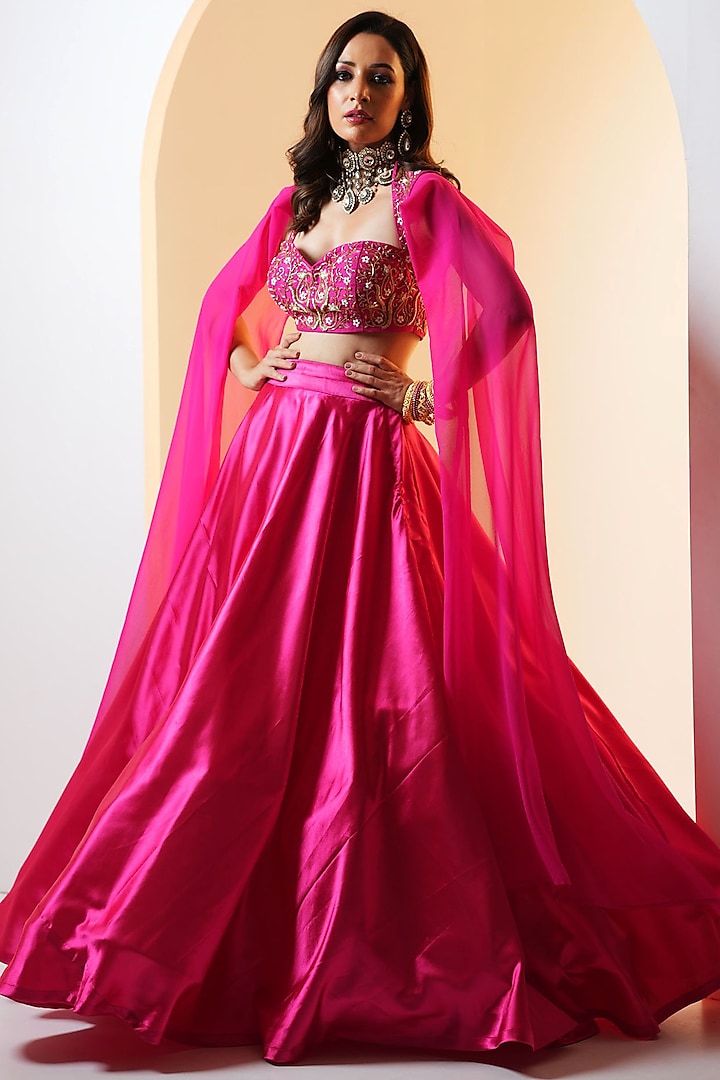 Hot Pink Silk Lehenga Set by Rashika Sharma