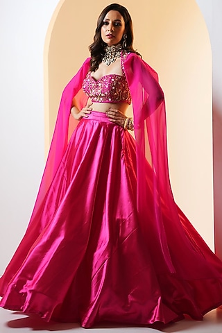 Hot Pink Silk Lehenga Set by Rashika Sharma