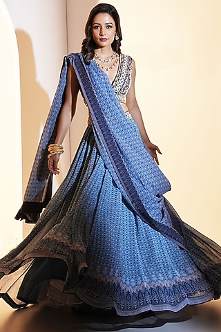 Blue Georgette Printed Lehenga Set by Rashika Sharma