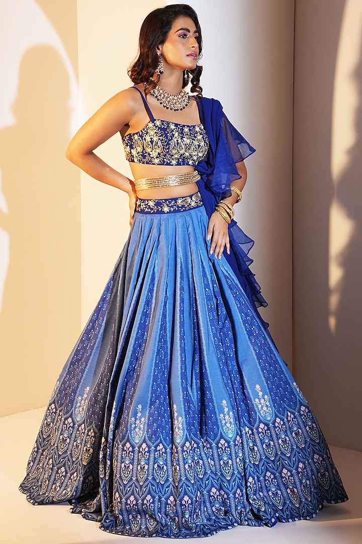 Blue Modal Silk Printed Wedding Lehenga Set by Rashika Sharma at Pernia's Pop Up Shop