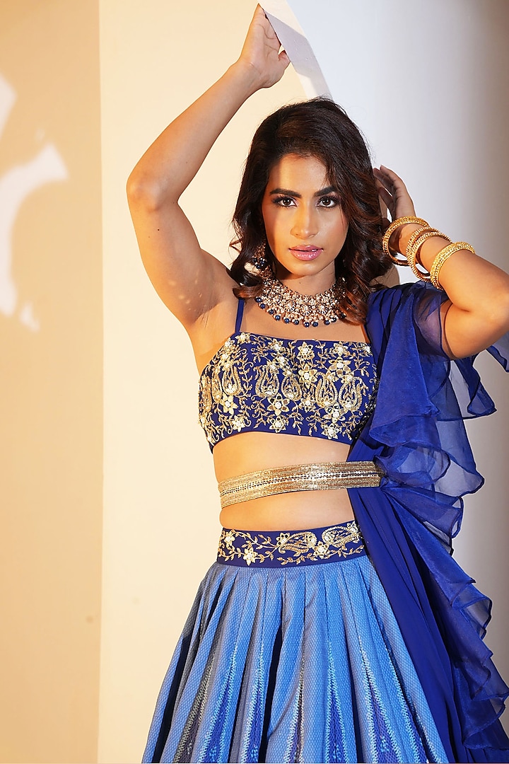 Blue Modal Silk Printed Wedding Lehenga Set by Rashika Sharma at Pernia's Pop Up Shop