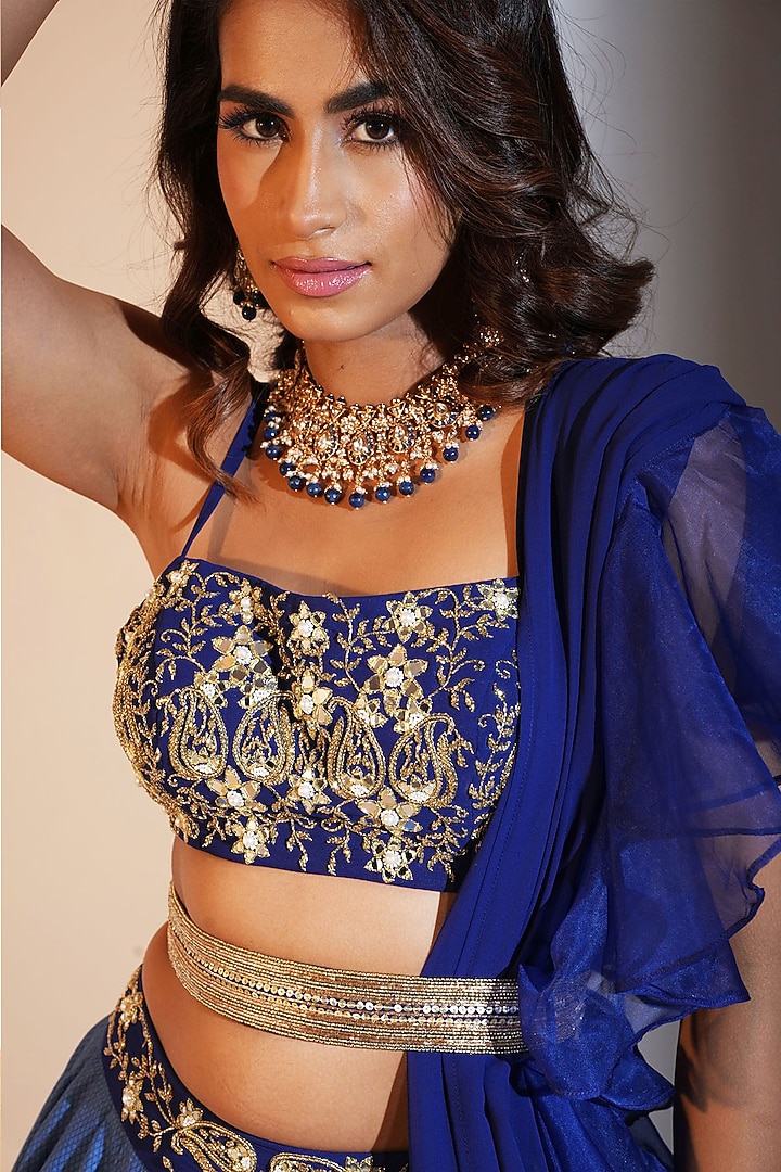 Blue Modal Silk Printed Wedding Lehenga Set by Rashika Sharma at Pernia's Pop Up Shop