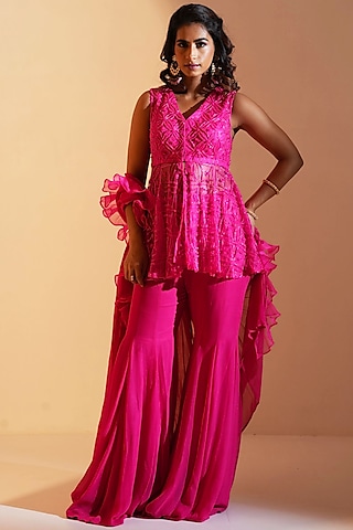 Hot Pink Georgette Sharara Set by Rashika Sharma