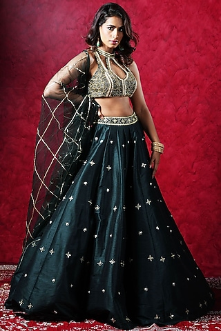 Dark Green Silk Hand Embroidered Lehenga Set by Rashika Sharma