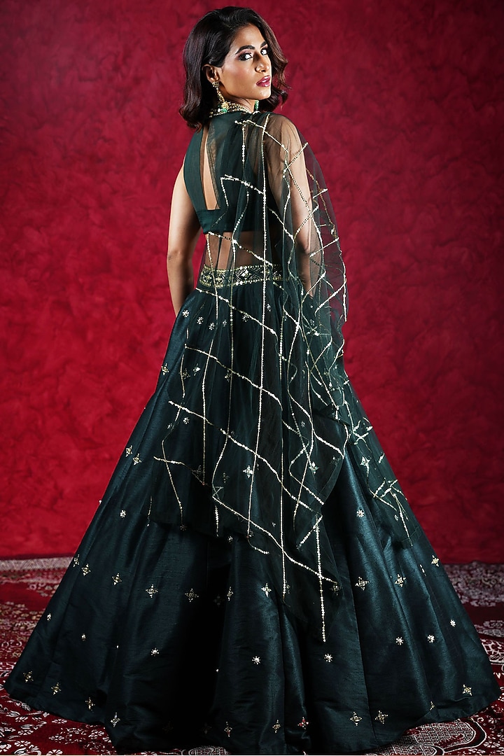 Dark Green Silk Hand Embroidered Wedding Lehenga Set by Rashika Sharma at Pernia's Pop Up Shop
