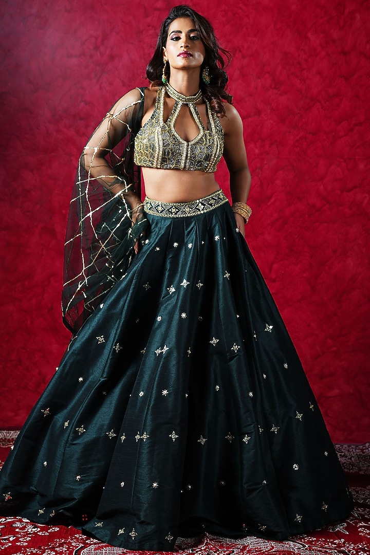 Dark Green Silk Hand Embroidered Wedding Lehenga Set by Rashika Sharma at Pernia's Pop Up Shop