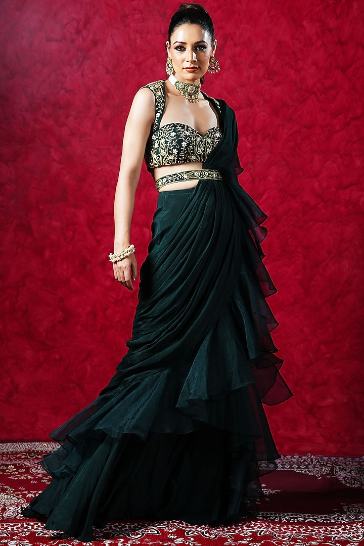 Dark Green Chiffon & Organza Pre-Draped Ruffled Wedding Saree Set by Rashika Sharma at Pernia's Pop Up Shop