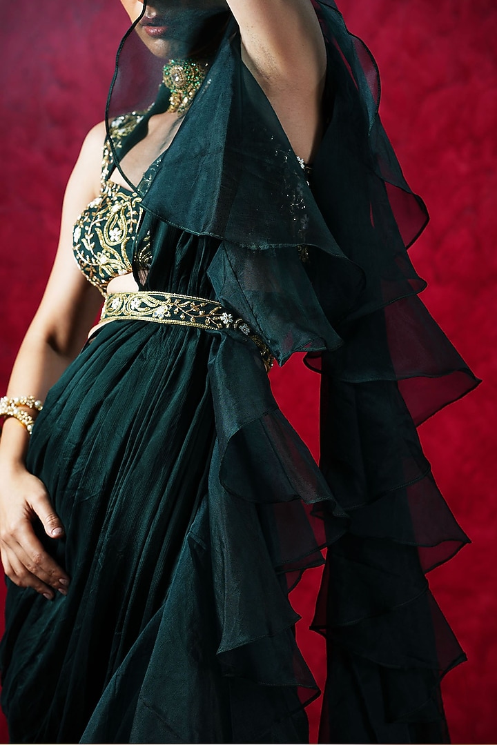 Dark Green Chiffon & Organza Pre-Draped Ruffled Wedding Saree Set by Rashika Sharma at Pernia's Pop Up Shop