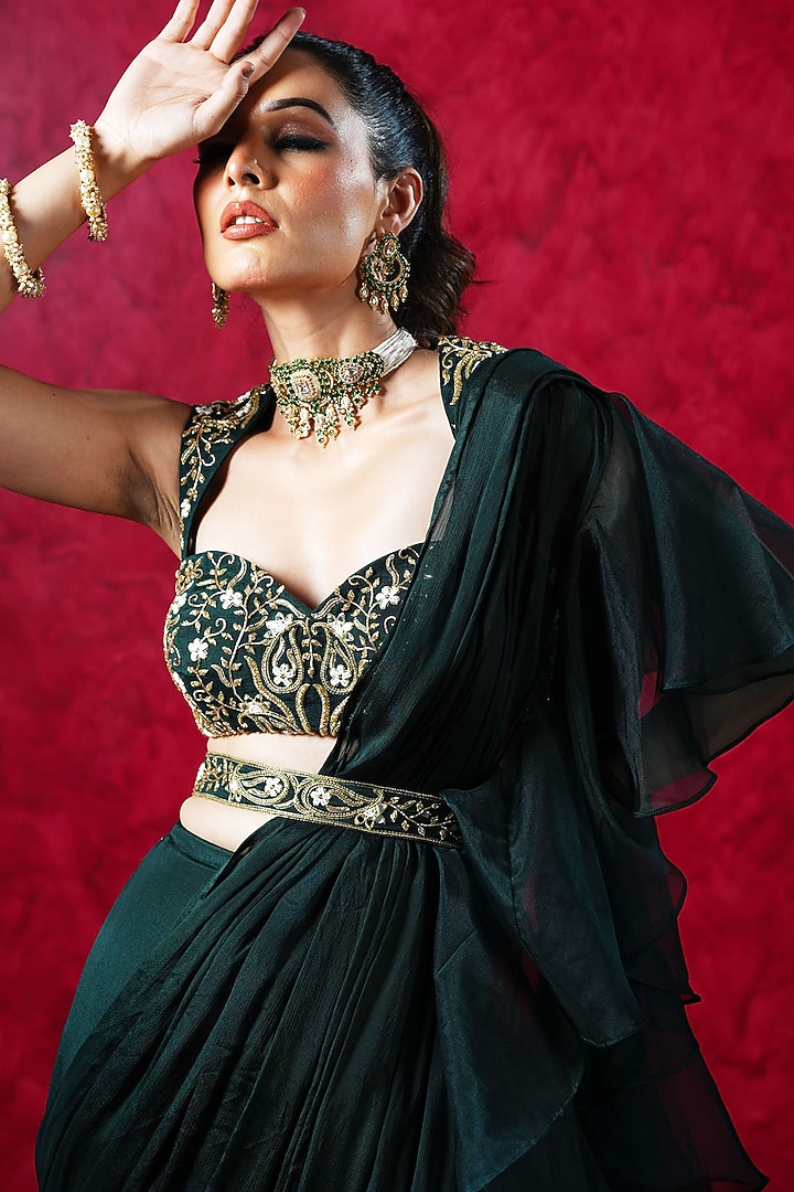 Dark Green Chiffon & Organza Pre-Draped Ruffled Wedding Saree Set by Rashika Sharma at Pernia's Pop Up Shop