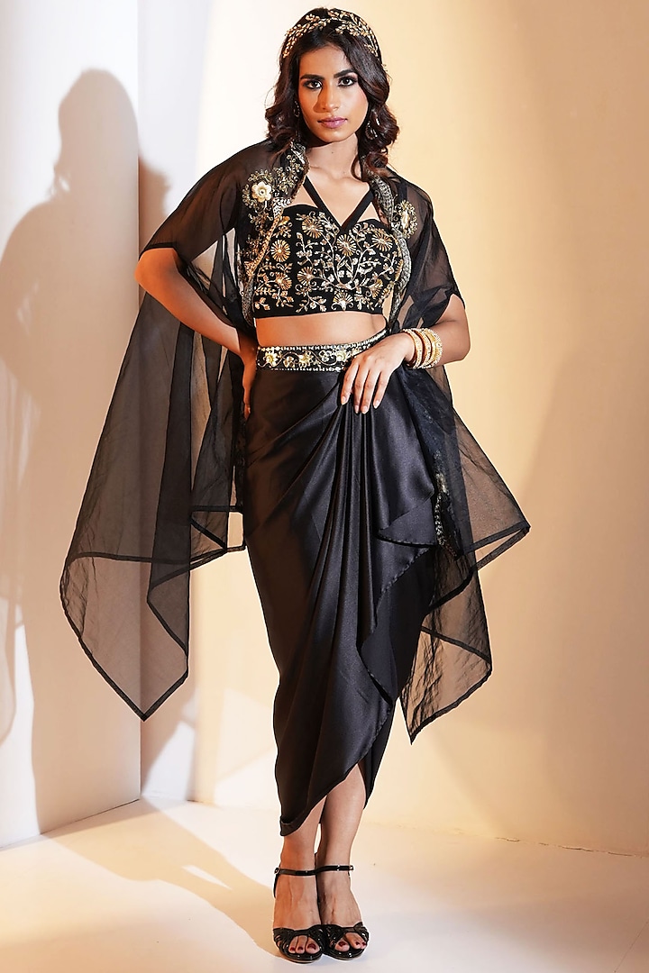 Black & Gold Satin Draped Skirt Set by Rashika Sharma