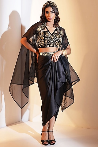Black & Gold Satin Draped Skirt Set by Rashika Sharma