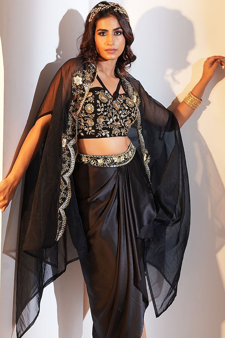 Black & Gold Satin Draped Skirt Set by Rashika Sharma at Pernia's Pop Up Shop