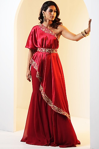 Maroon Satin Hand Embroidered Cape Set by Rashika Sharma