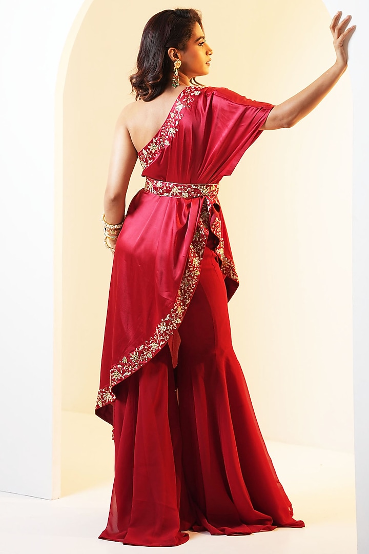 Maroon Satin Hand Embroidered Cape Set by Rashika Sharma at Pernia's Pop Up Shop