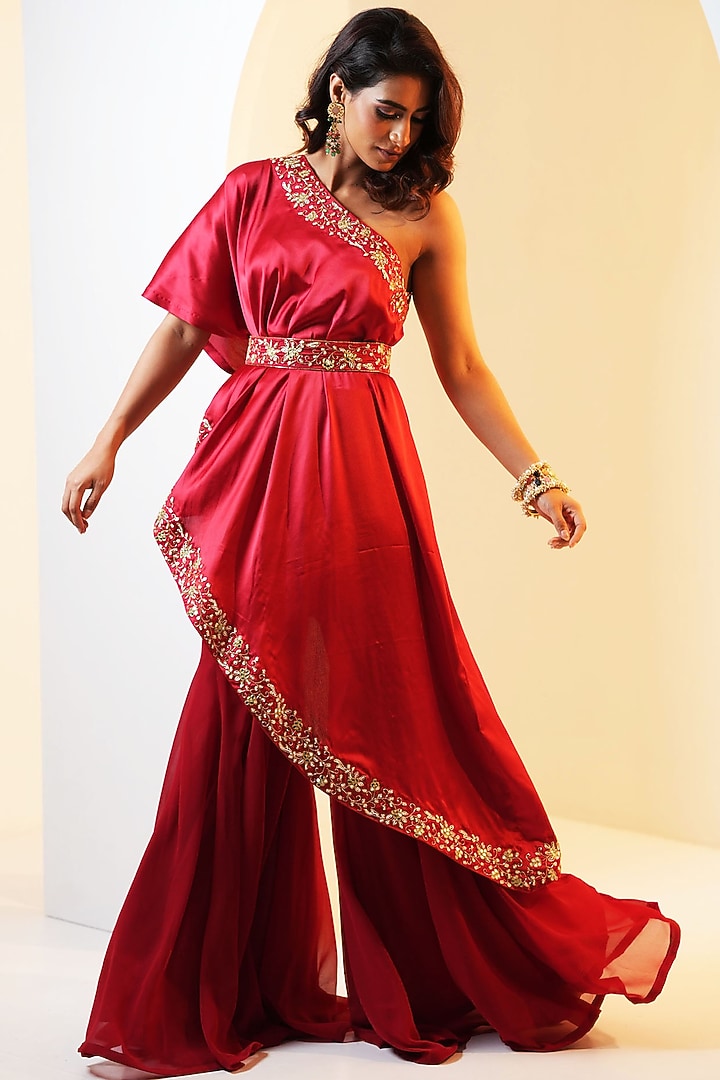 Maroon Satin Hand Embroidered Cape Set by Rashika Sharma at Pernia's Pop Up Shop