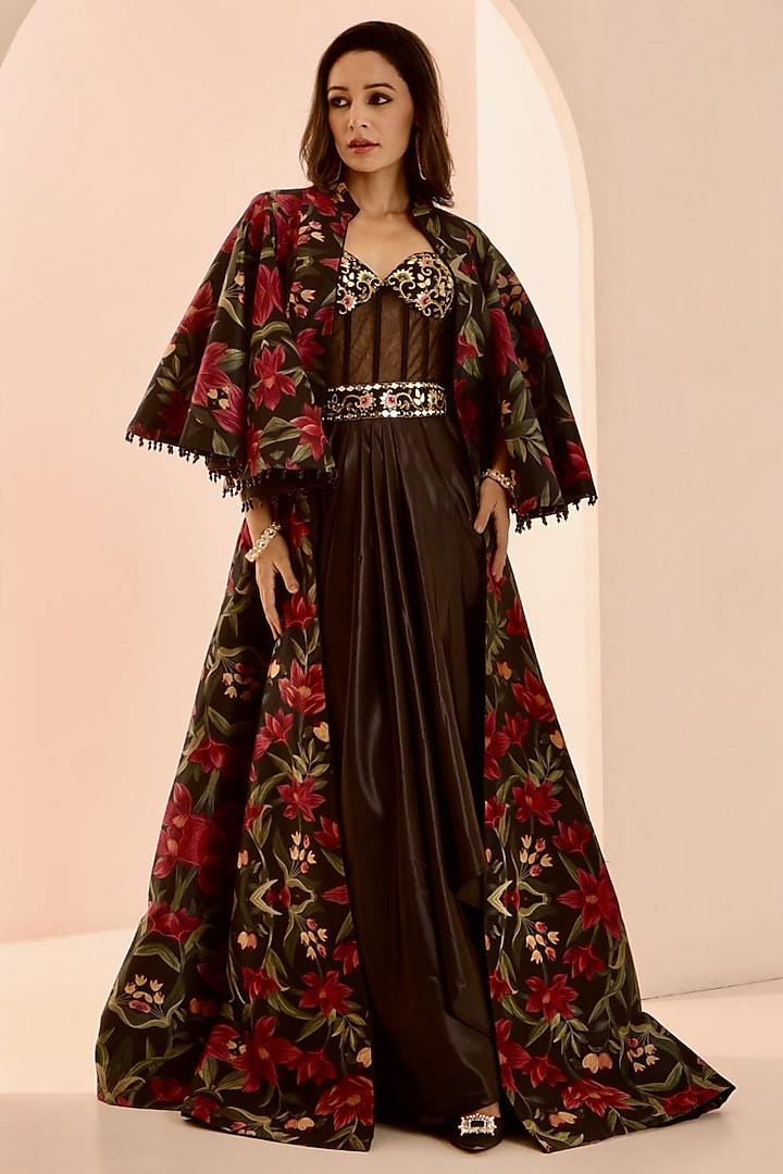 Black Net & Satin Mirror Embroidered Draped Gown With Jacket by Rashika Sharma at Pernia's Pop Up Shop