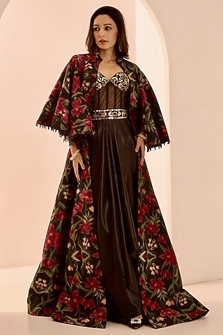 Black Net & Satin Mirror Embroidered Draped Gown With Jacket by Rashika Sharma