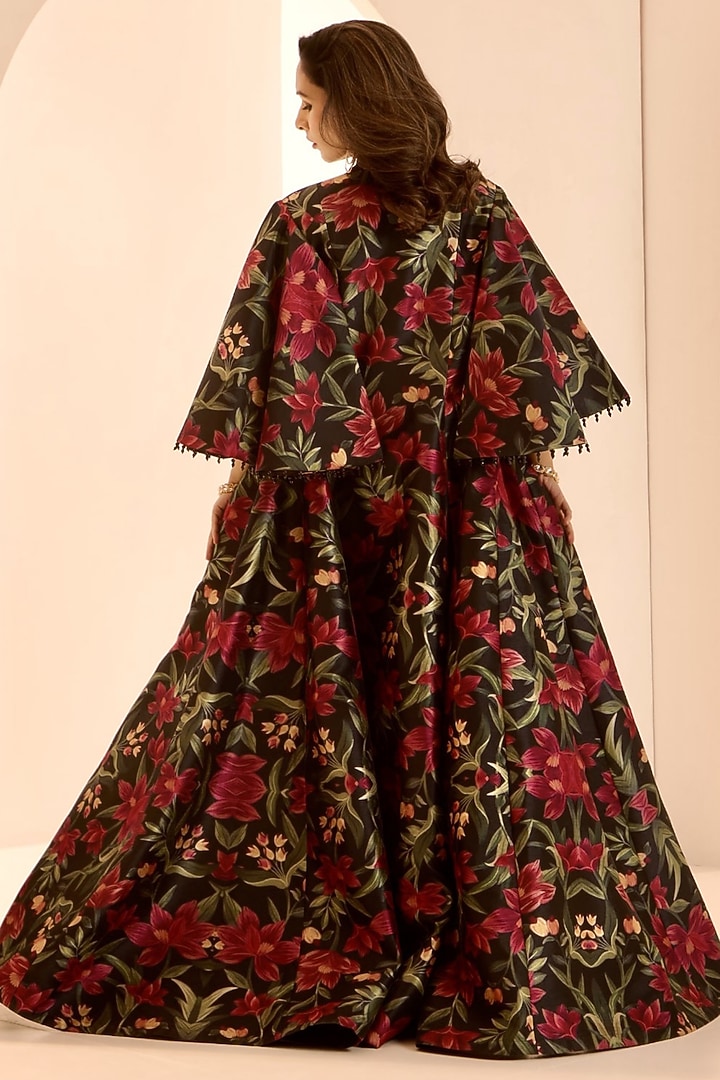 Black Net & Satin Mirror Embroidered Draped Engagement Gown With Jacket by Rashika Sharma at Pernia's Pop Up Shop