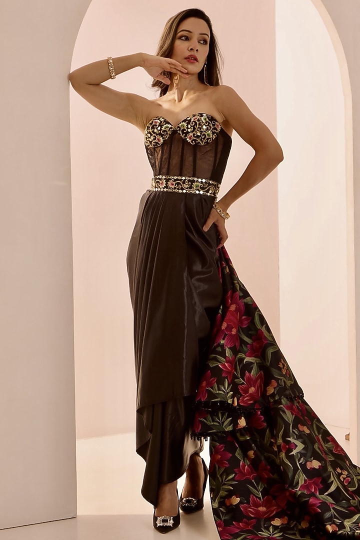 Black Net & Satin Mirror Embroidered Draped Engagement Gown With Jacket by Rashika Sharma at Pernia's Pop Up Shop
