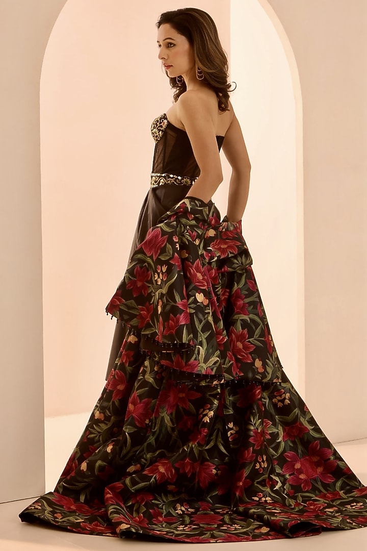 Black Net & Satin Mirror Embroidered Draped Engagement Gown With Jacket by Rashika Sharma at Pernia's Pop Up Shop