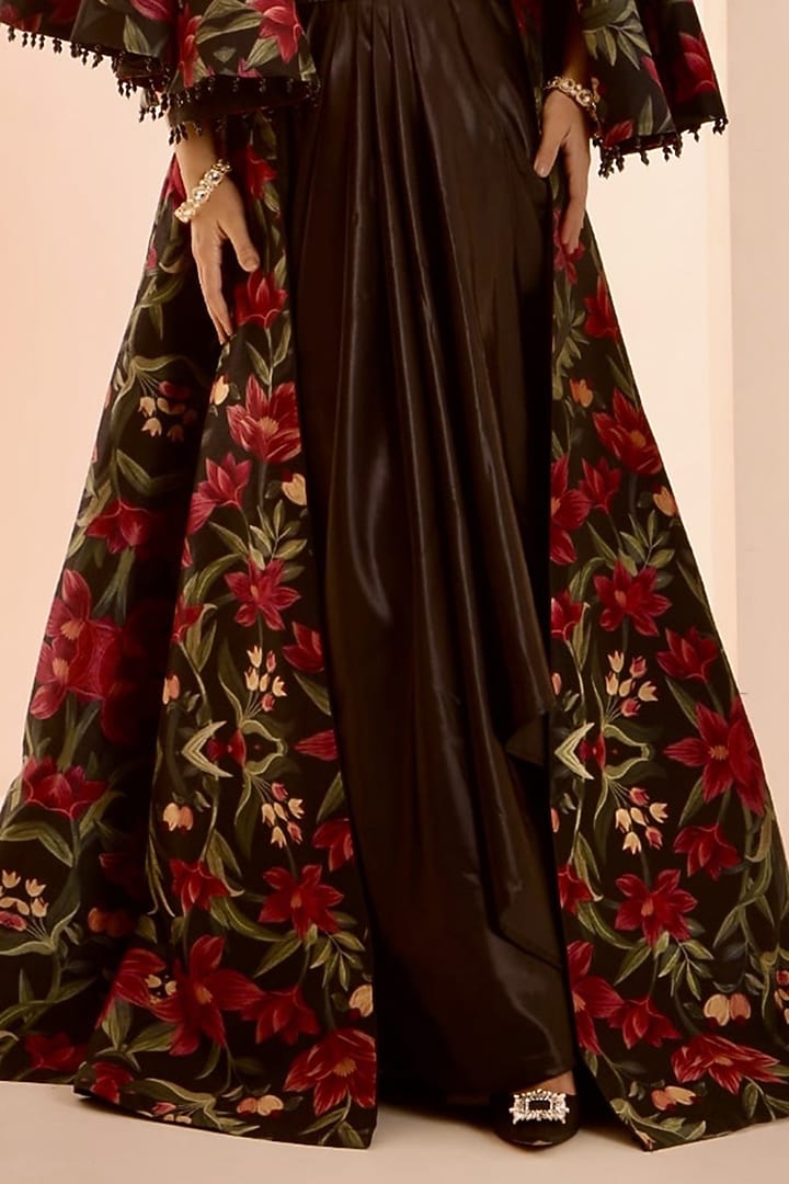 Black Net & Satin Mirror Embroidered Draped Engagement Gown With Jacket by Rashika Sharma at Pernia's Pop Up Shop