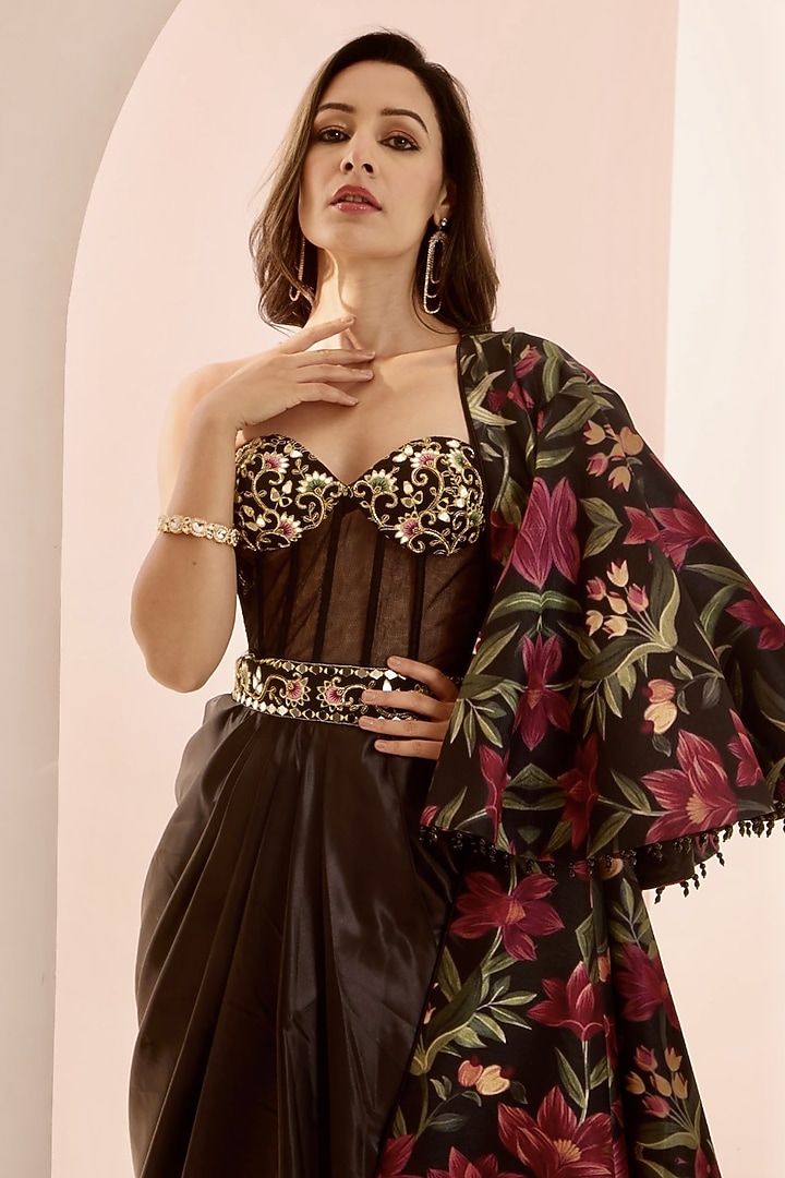 Black Net & Satin Mirror Embroidered Draped Engagement Gown With Jacket by Rashika Sharma at Pernia's Pop Up Shop