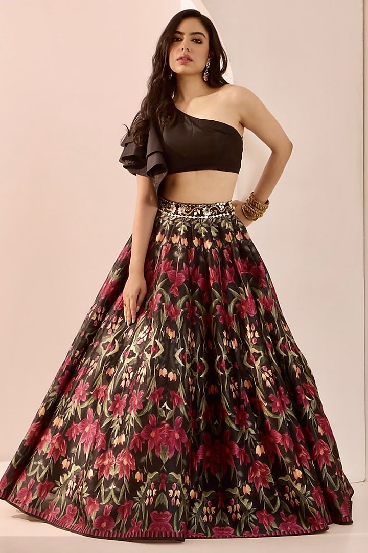 Multi-Colored Silk Floral Printed & Zari Embroidered Wedding Lehenga Set by Rashika Sharma at Pernia's Pop Up Shop