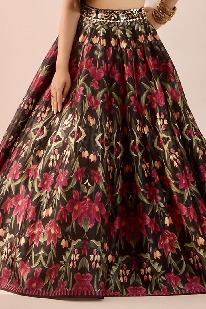 Multi-Colored Silk Floral Printed & Zari Embroidered Wedding Lehenga Set by Rashika Sharma at Pernia's Pop Up Shop