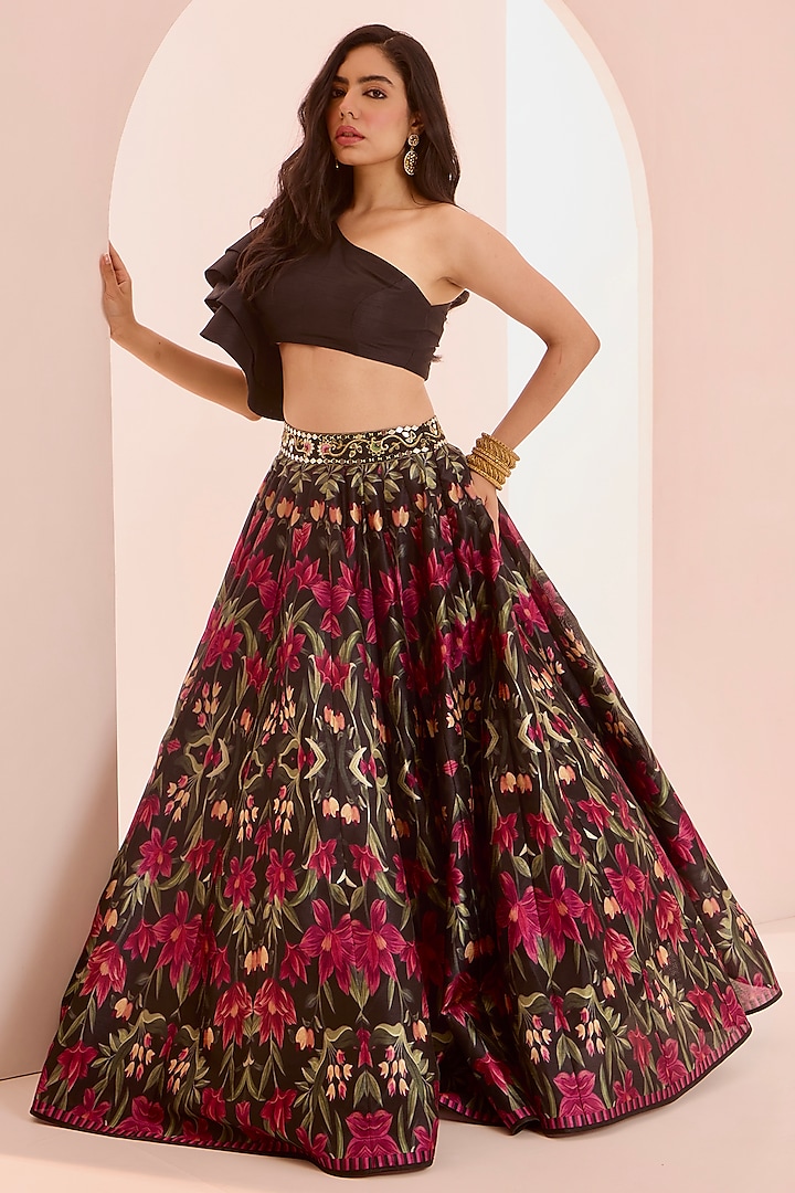 Multi-Colored Silk Floral Printed & Zari Embroidered Wedding Lehenga Set by Rashika Sharma at Pernia's Pop Up Shop