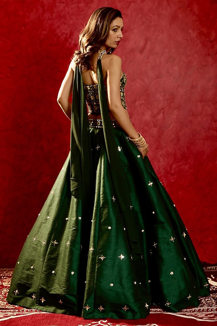 Emerald Green Silk Mirror Hand Embroidered Wedding Lehenga Set by Rashika Sharma at Pernia's Pop Up Shop