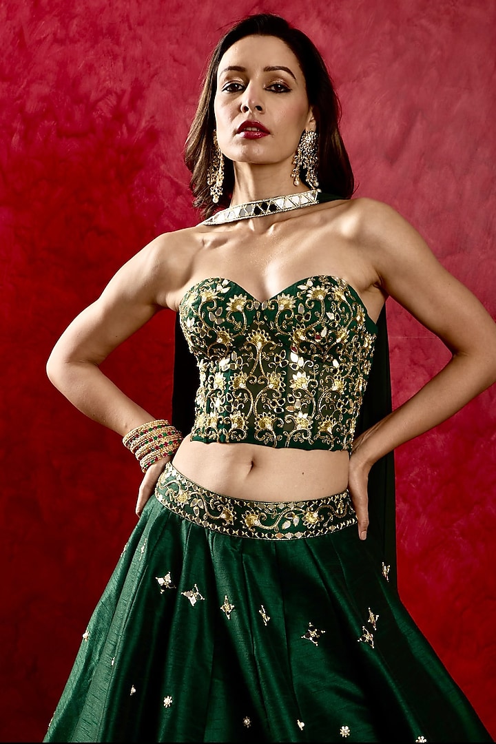 Emerald Green Silk Mirror Hand Embroidered Wedding Lehenga Set by Rashika Sharma at Pernia's Pop Up Shop
