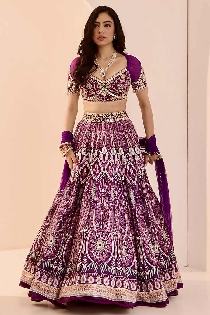 Purple Velvet Thread & Mirror Hand Embroidered Wedding Lehenga Set by Rashika Sharma at Pernia's Pop Up Shop