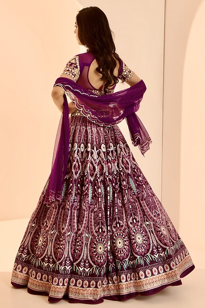 Purple Velvet Thread & Mirror Hand Embroidered Wedding Lehenga Set by Rashika Sharma at Pernia's Pop Up Shop