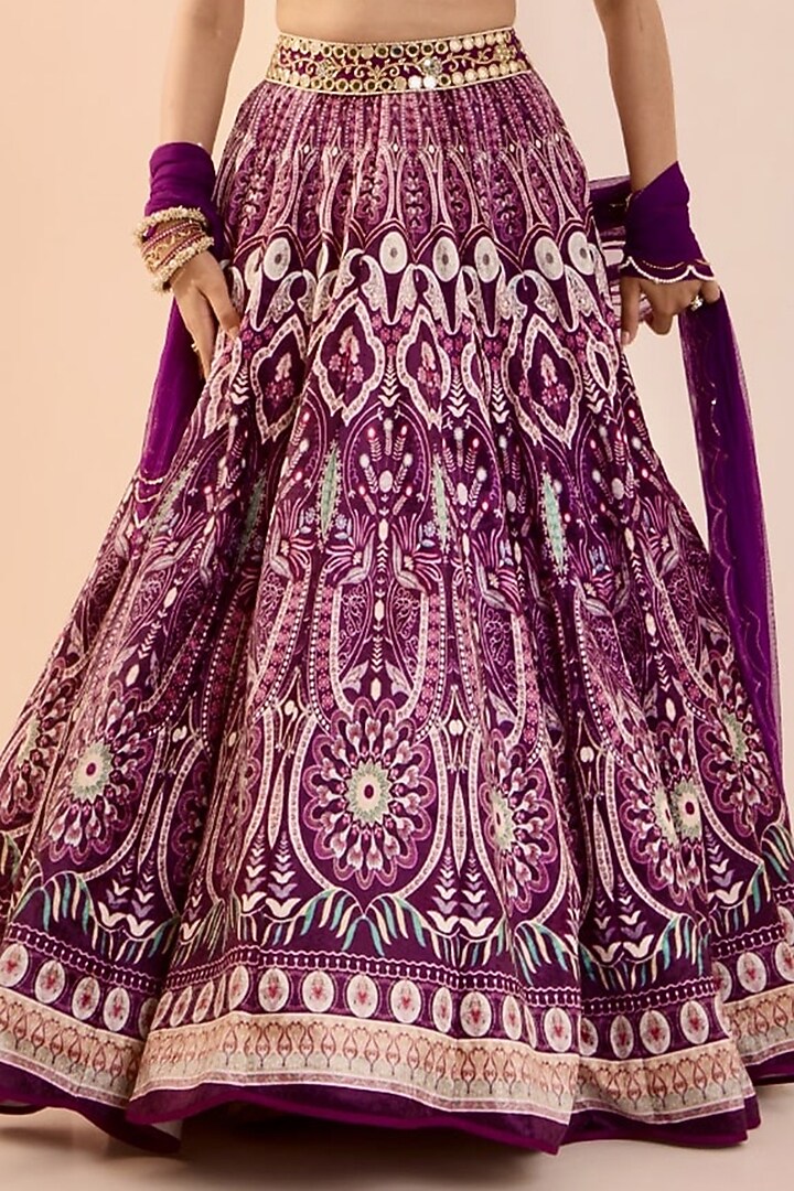Purple Velvet Thread & Mirror Hand Embroidered Wedding Lehenga Set by Rashika Sharma at Pernia's Pop Up Shop