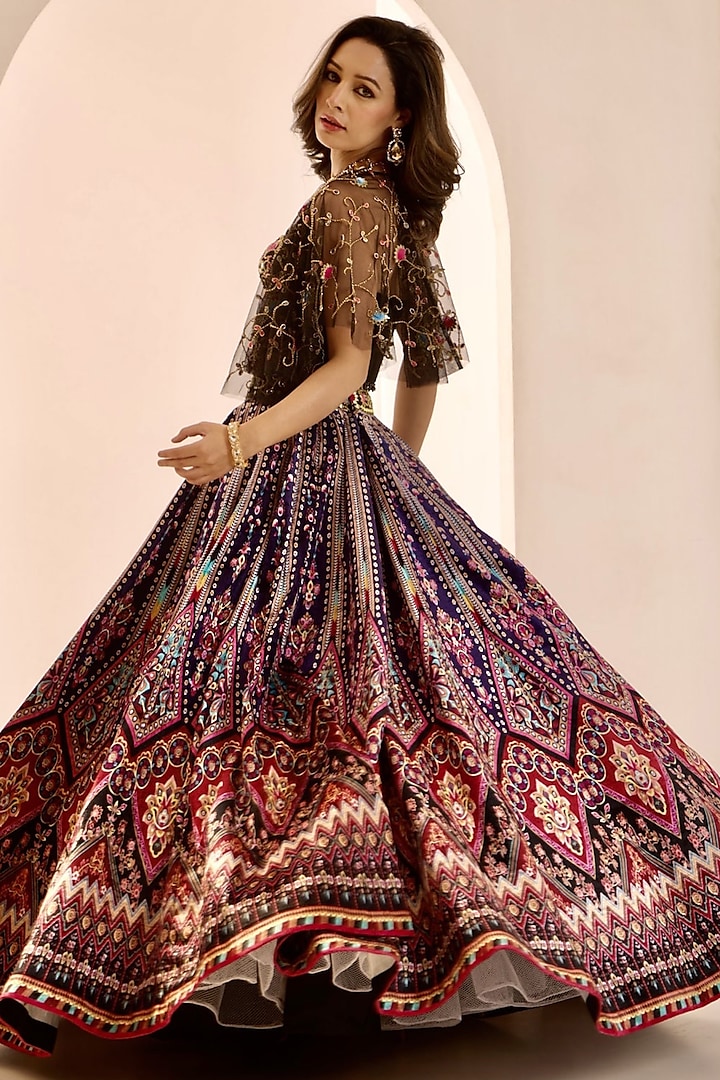 Multi-Colored Velvet Zari Hand Embroidered Wedding Lehenga Set by Rashika Sharma at Pernia's Pop Up Shop