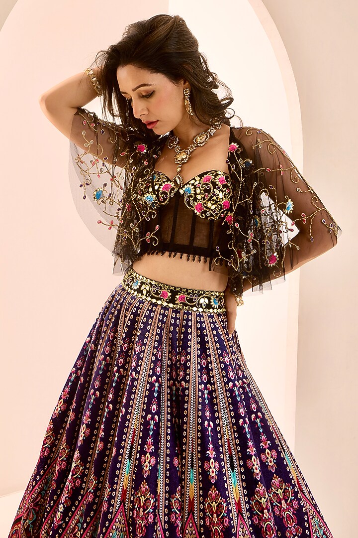 Multi-Colored Velvet Zari Hand Embroidered Wedding Lehenga Set by Rashika Sharma at Pernia's Pop Up Shop
