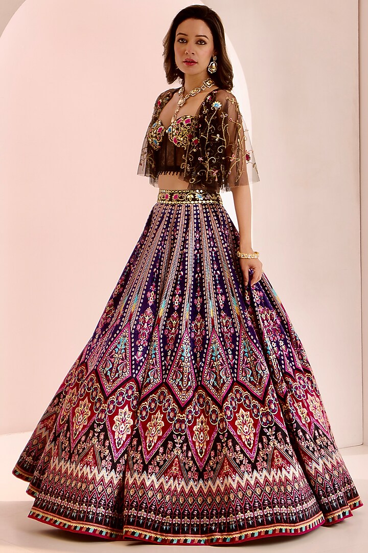 Multi-Colored Velvet Zari Hand Embroidered Wedding Lehenga Set by Rashika Sharma at Pernia's Pop Up Shop