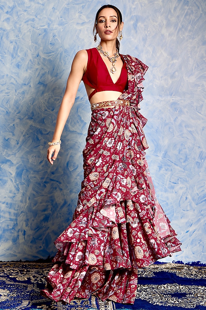 Maroon Georgette Printed Pre-Stitched Ruffled Saree Set by Rashika Sharma at Pernia's Pop Up Shop