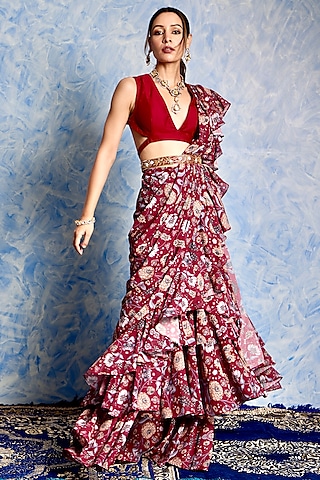Maroon Georgette Printed Pre-Stitched Ruffled Saree Set by Rashika Sharma