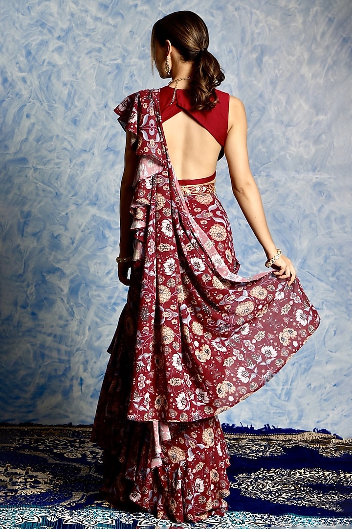 Maroon Georgette Printed Pre-Stitched Ruffled Wedding Saree Set by Rashika Sharma at Pernia's Pop Up Shop