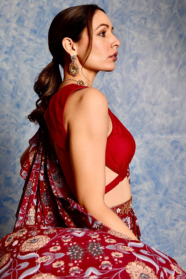 Maroon Georgette Printed Pre-Stitched Ruffled Wedding Saree Set by Rashika Sharma at Pernia's Pop Up Shop