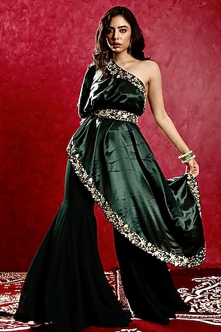 Green Satin Resham & Mirror Hand Embroidered Cape Set by Rashika Sharma
