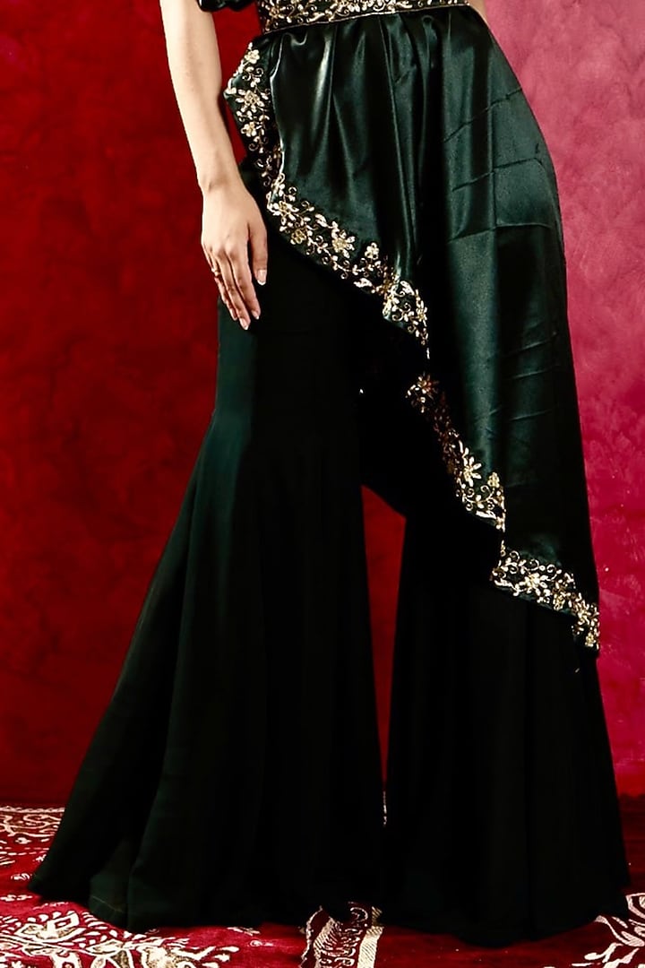 Green Satin Resham & Mirror Hand Embroidered Cape Set by Rashika Sharma at Pernia's Pop Up Shop