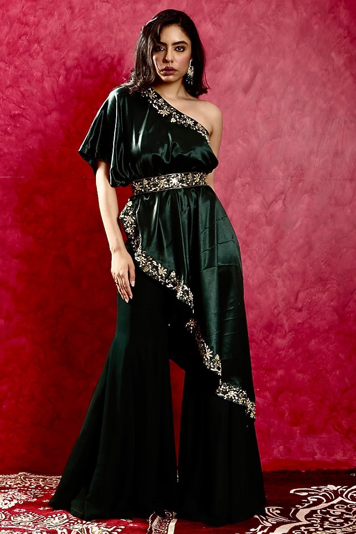 Green Satin Resham & Mirror Hand Embroidered Cape Set by Rashika Sharma at Pernia's Pop Up Shop
