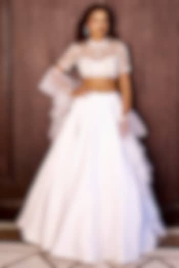 White Satin Zari Hand Embellished Wedding Lehenga Set by Rashika Sharma at Pernia's Pop Up Shop