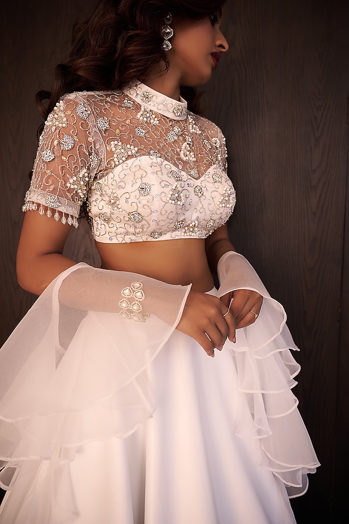 White Satin Zari Hand Embellished Wedding Lehenga Set by Rashika Sharma at Pernia's Pop Up Shop