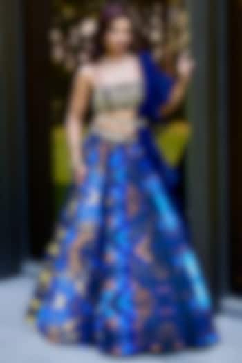 Blue Georgette Nakshi Hand Embroidered Wedding Lehenga Set by Rashika Sharma at Pernia's Pop Up Shop